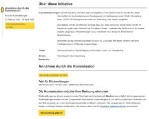 Read more about the article Die Verordnung (EU) 2021/953 über das digitale COVID-Zertifikat der EU soll bis zum 30. Juni 2023 verlängert werden.